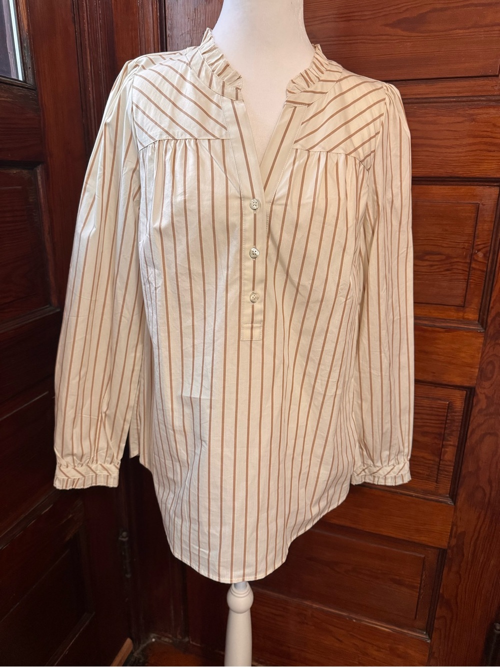 NWT Talbots Blouse Beige Pinstripes Ruffle Details summer office work business